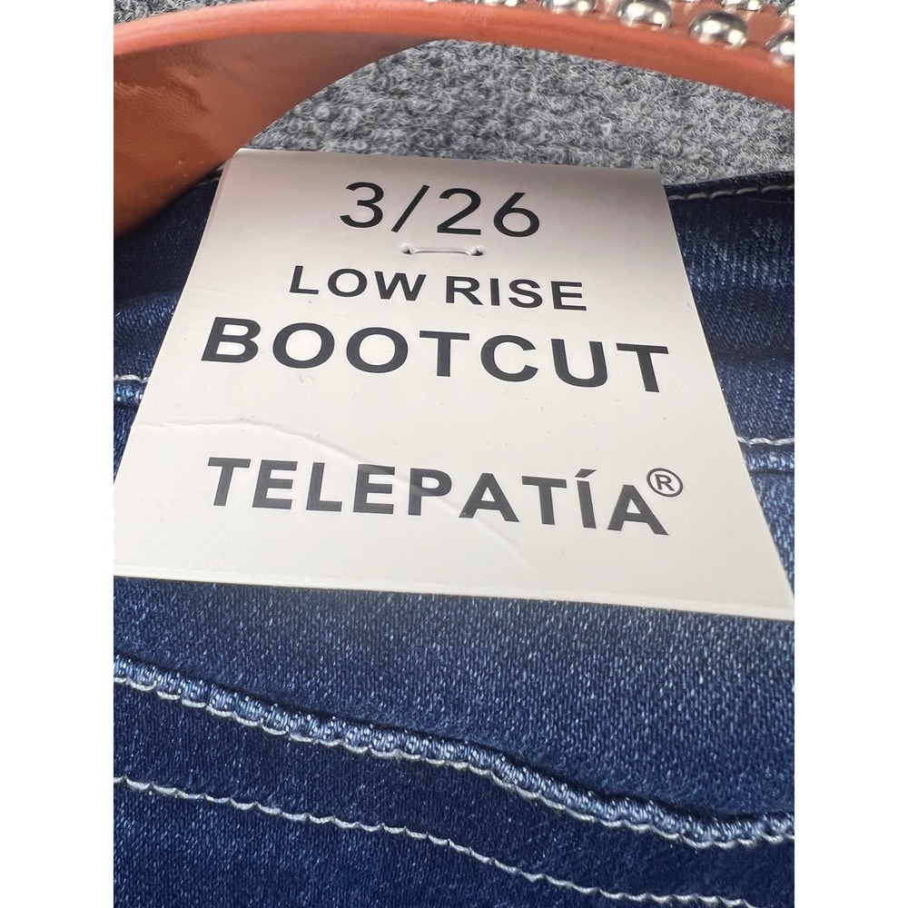 Telepatia Low Rise Bootcut Jeans Dark Wash Studded Belt Size 3/26 NWT Boho - Picture 6 of 14